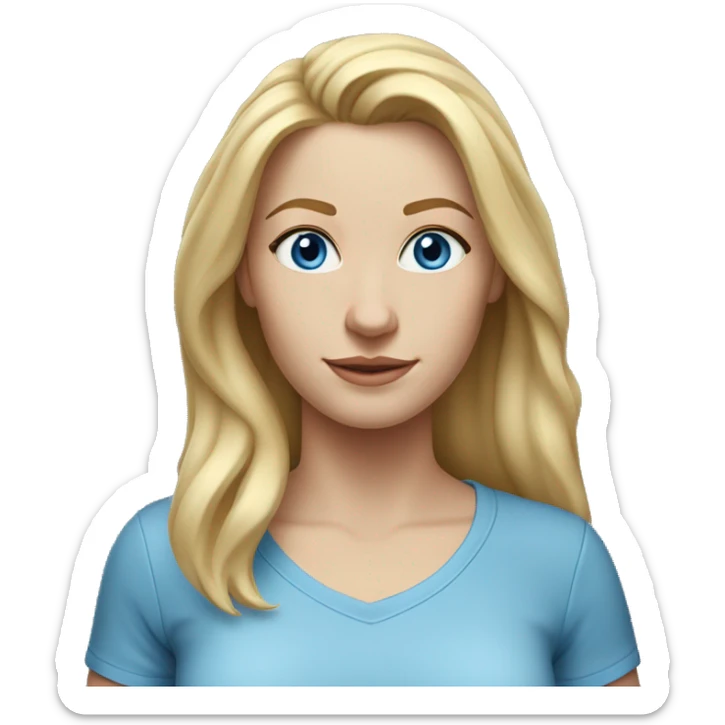 A head and shoulders shot of a 34 year old white woman, with long blonde hair,   with blue eyes wearing a t-shirt. sticker