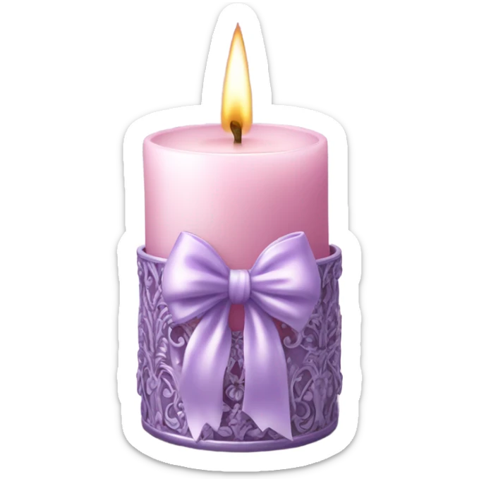 A soft pink candle in an ornate lavender glass holder, tied with a delicate satin bow. sticker