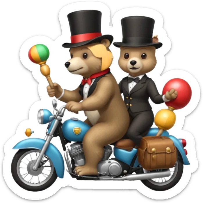 A bear wearing a top hat and holding maracas while on the back of an old lady who is driving a motorcycle sticker