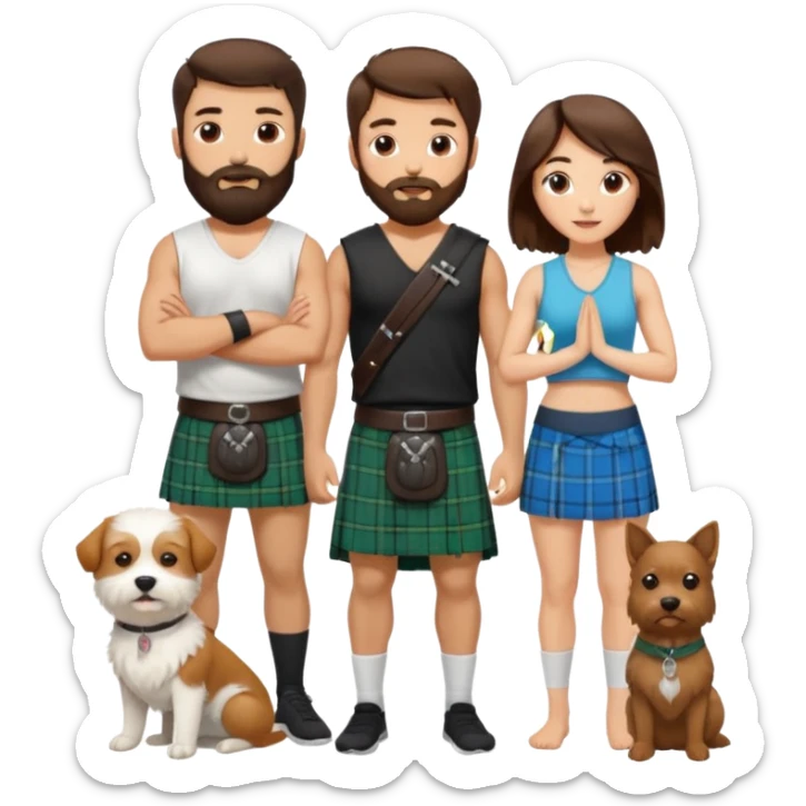 emoji of brunette man with beard wearing kilt, brunette woman in yoga outfit and one white fluffy dog sticker