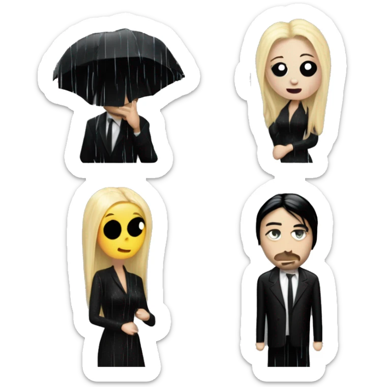Realistic silkstone morticia addams kissing sweetly Kurt Cobain in the rain. sticker