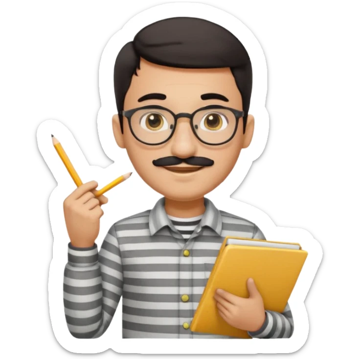 young Pakistani male shopkeeper, short dark hair, round eyeglasses, thick black mustache, smiling, light grey striped collar shirt, holding a small handwritten slip in one hand, yellow pencil behind ear, cartoonish, clean, rounded, expressive, no background, Apple emoji style sticker