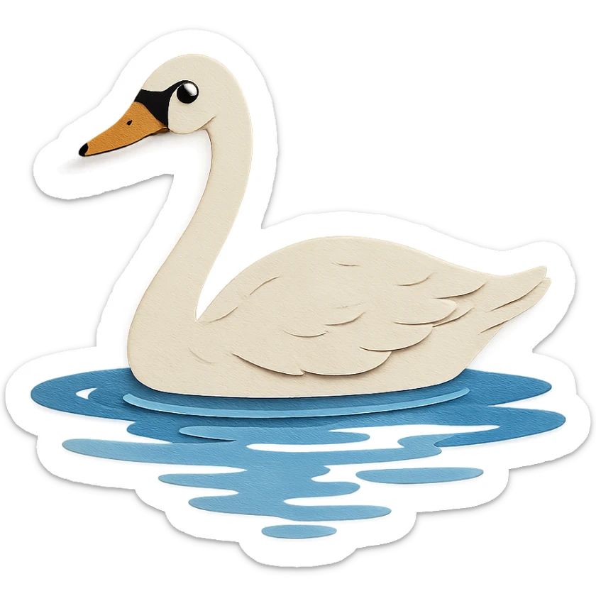 tundra swan gliding on a pond, paper craft style, pronounced paper layers, expressive eye, naturalistic pose, water reflections sticker