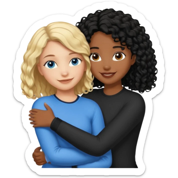 Girl best friends, one white with blond bob and blue eyes, one shorter black girl with long black curly hair, hugging sticker