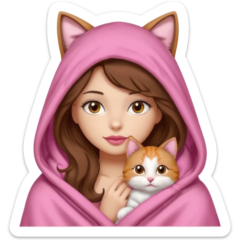 girl with long wavy brown hair, brown eyes, long lashes makeup, sexy pink lips, light to medium complexion, wearing a pink sexy silk top, big blanket over the head cozy holding a cat, no cat ears on the hood sticker