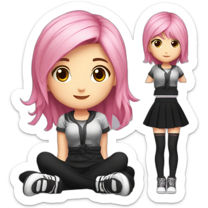 Full body Front view curvy emo girl pink hair sits on the floor straight view hands up black skirt белые трусики рваные полосатые чулки sticker