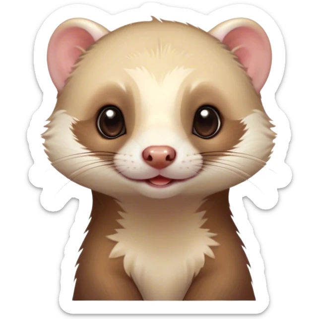 Cinematic Cute Ferret Portrait Emoji, Head tilted playfully, with an elongated, flexible body and a characteristically curious expression, featuring a short, pointed snout, bright, sparkling eyes, and soft fur in warm brown and cream tones, Simplified yet irresistibly adorable features, highly detailed, glowing with a warm, friendly glow, high shine, affectionate and lively, stylized with a touch of whimsical mischief, soft glowing outline, capturing the essence of a fun-loving and mischievous ferret that feels like it could scamper straight into your heart! sticker