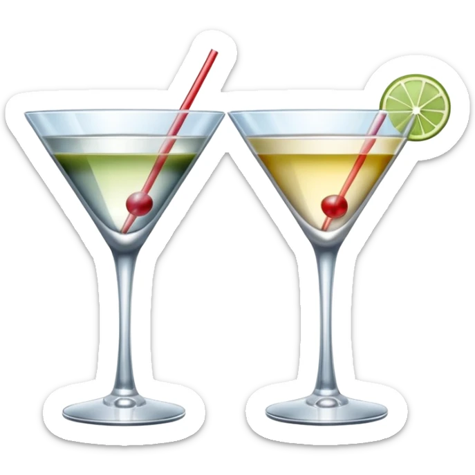 two realistic glasses of cocktail in emoji style, martini glass shape, no straw, no fruit, no ice sticker