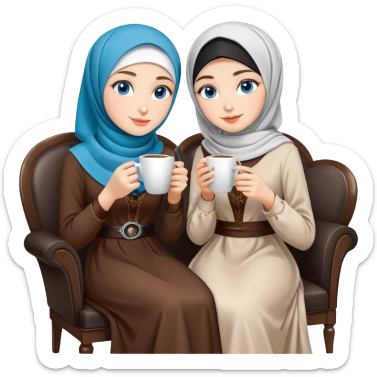 Turkish beautiful finish Konya girls blue eyes with Coffee design Beauty hijab long tail dress and the two friends sits on the chair on the ground and holds cup coffe with her hand  sticker
