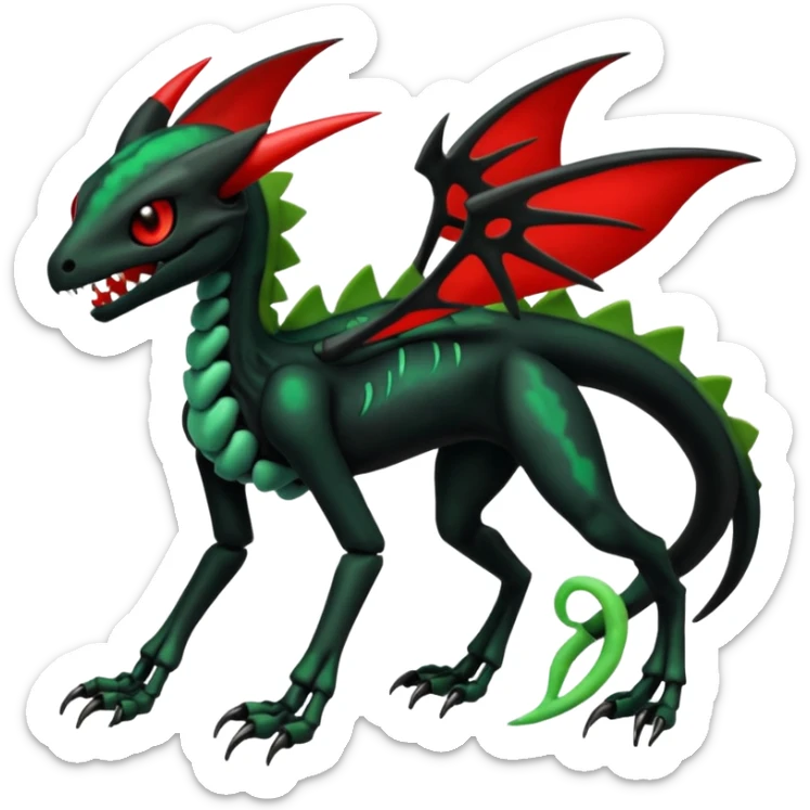 Obsidian-black and neon-glowing-green skeletal Meloetta-Salandit-Nargacuga-Zygarde-Pokémon-Fakémon-creature-fusion-hybrid with glowing crimson-red evil slit eyes sticker