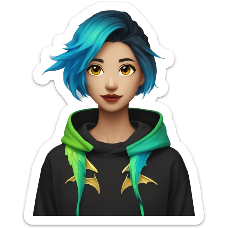 Lady with brunette and iridescent blue hair, gold, lime green dragon wings, black hoodie, bleach dyed, black and gold Nike t shirt, and bright red eyes sticker
