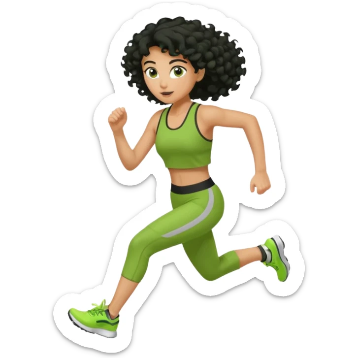a woman with olive skin tone and curly black hair wearing green and running fast sticker
