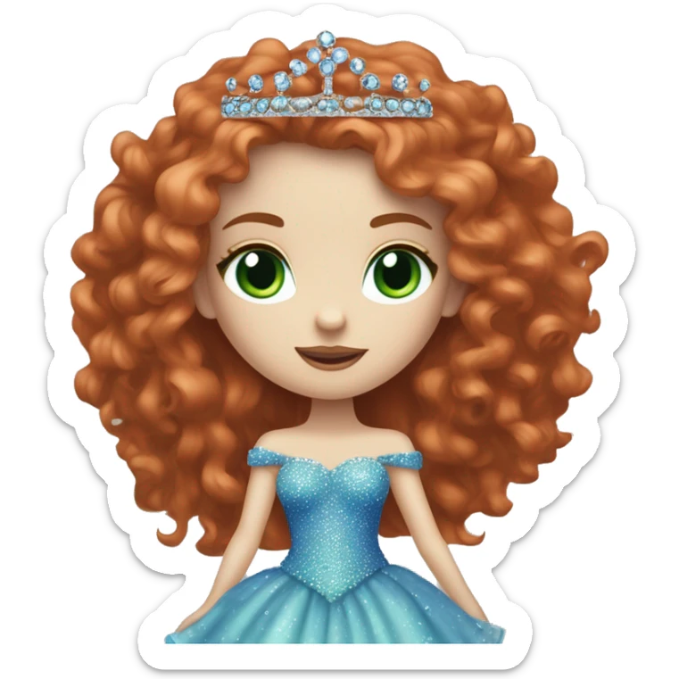  Red long hair curly girl, pale skin, white foundation, purple eyeshadow, with green eyes and a blue bedazzled dress with a small tiara on her head, with mascara on her eyes blue dress pale skin sticker