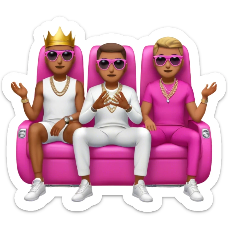 Celebrity millionaire entrepreneur Iman Gadzhi, Daniel G sales, Branden Condy & Alex Hormozi, designer fit, 3 diamond tennis chains, seated on a massive gold throne, sunglasses on, hot pink private jet behind him sticker