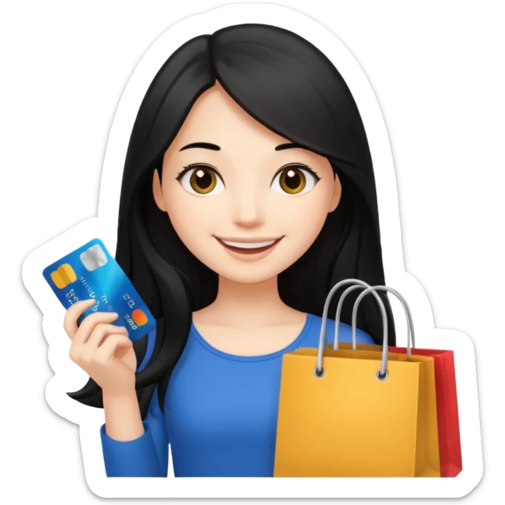 Girl with long black hair holding shopping bags and credit card sticker