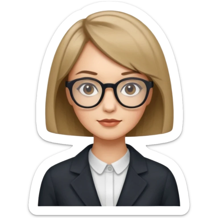 woman dark blonde petite bob haircut wears dark squarish glasses, classic clothes sticker