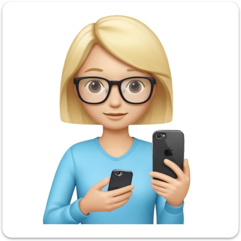 3D emoji character in Apple iPhone style, blond hair, wearing stylish glasses, no tattoo, holding an iPhone in one hand, cute and friendly expression, smooth and shiny skin, minimalistic design, high quality, vibrant colors, realistic lighting, isolated on white background sticker