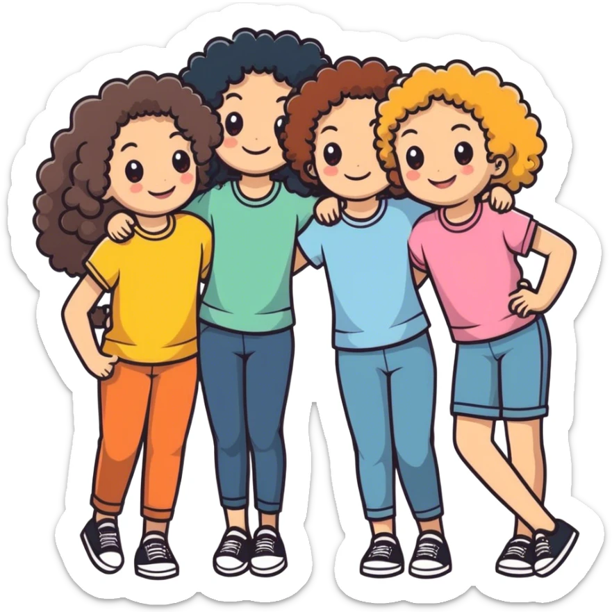 Three girls smiling in puerto Rico. 2 have curly hair and 1 has straight hair.  sticker