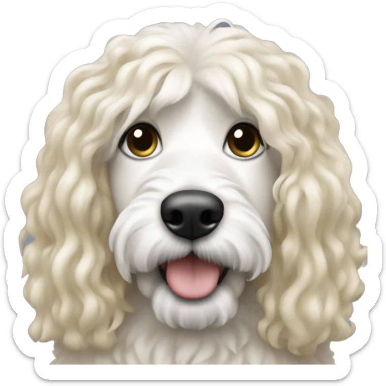 white woman with long blonde hair with a black and white colored bernadoodle dog  sticker
