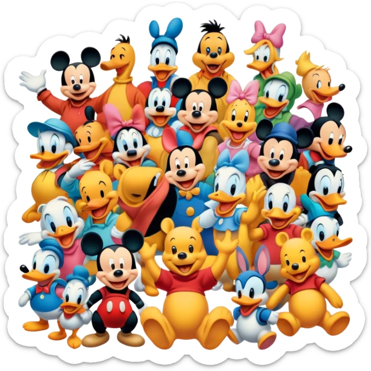 A colorful, playful close-up collage of classic cartoon characters like Goofy, Mickey Mouse, Donald Duck, Winnie-the-Pooh, and others. Bright, vibrant colors with cheerful expressions. Whimsical and nostalgic style. Transparent background. sticker