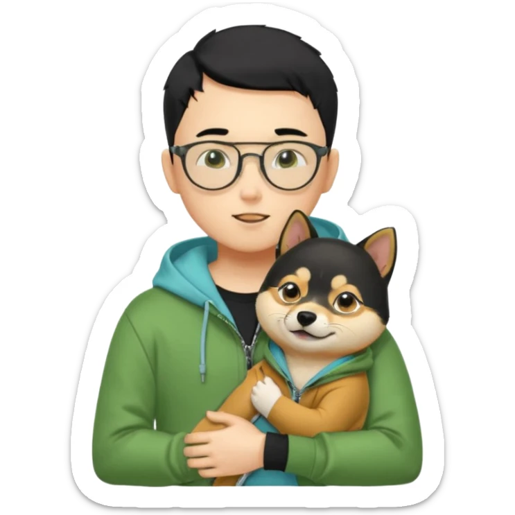 A yellow skin boy, black hair, buzzcut hairstyle, wearing tortoiseshell eyeglasses, green hoodie with zippers, light blue shirt inside, black trousers, black belt, hugging a very cute little black shiba inu sticker
