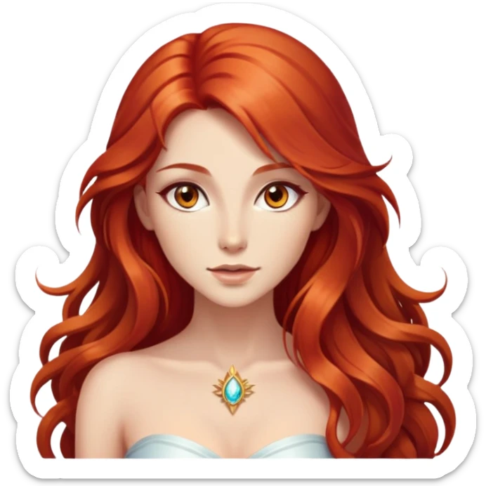 femme avec des cheveux très long roux, yeux marrons belle comme une déesse avec un beau corps qui a de la magie tout autour d’elle  sticker