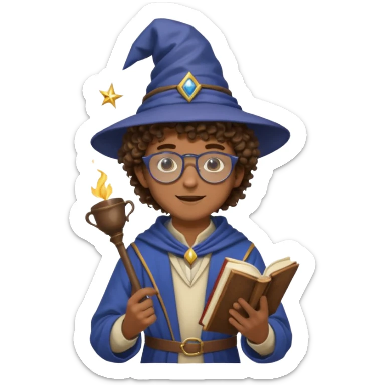 A Joyful Teen Male with Brown skin and Curly hair, wearing a Traditional outfit, a Wizard hat, Sunglasses, carrying a Spellbook, working as a farmer, while drinking Coffee and reading a Textbook. sticker