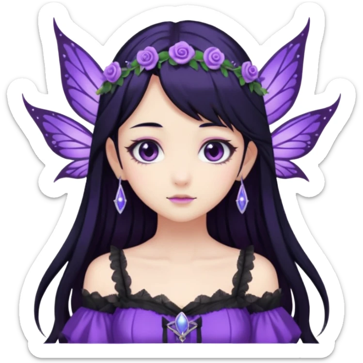 Gothic anime fairy with long beautiful black hair and purple dress, pastelcore, sticker