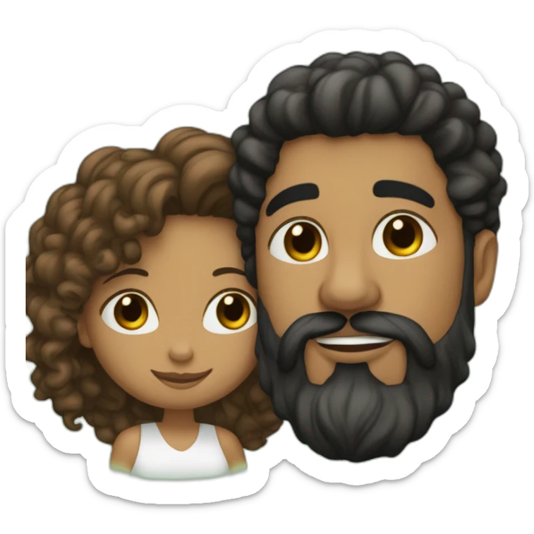 Brown man with a smooth black hair cut fade and a black beard kissing a White woman with long brown curly hair sticker