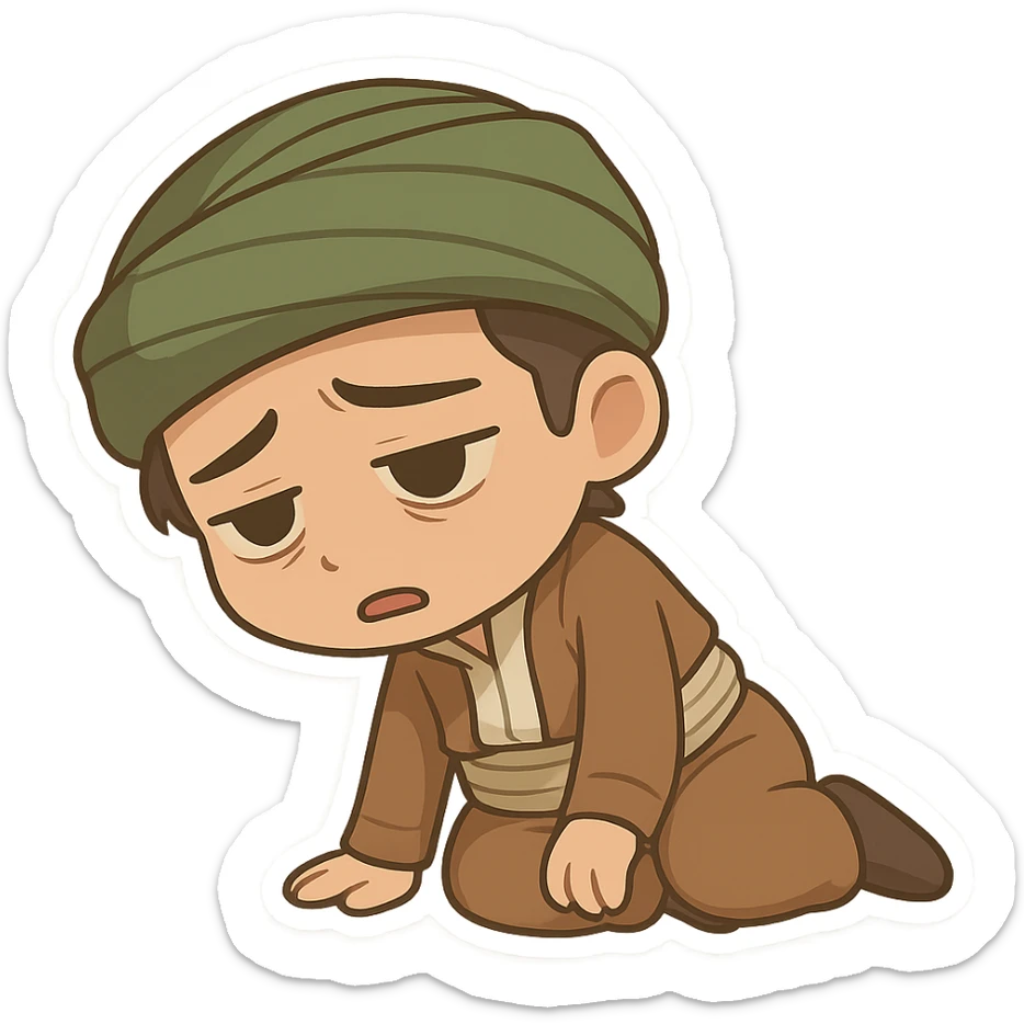 Kurdish sticker, low energy mood, cartoon style, Kurdish person in traditional dress, slouching or lying down, looking drained, no text, suitable for social media sticker