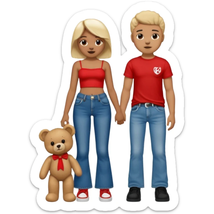 A boy and a girl teddy bear for the boy bear put on true religion shirt and jeans with black shoes and for the girl put flare jeans and a red tube top and white shoes just bears not the humans  sticker