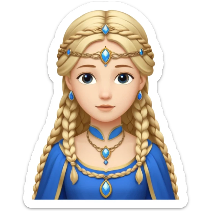 An emoji portrait of a medieval European princess. She wears a long-sleeved bliaut dress in a vibrant blue color, with a delicate golden circlet on her head. Her hair is braided in long tresses, and her expression is gentle and pious. sticker
