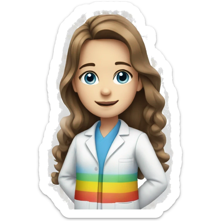 White young girl with long brown hair and blue eyes wearing a rainbow pharmacist coat sticker