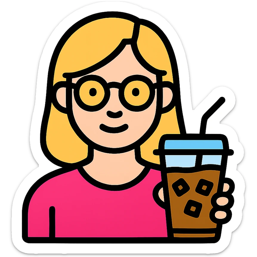 blonde woman with gold glasses holding an iced coffee, minimal flat design sticker