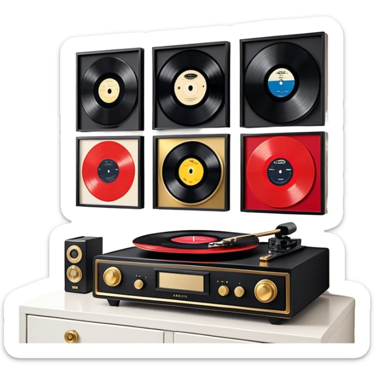 Icon for Vinyl Record Collecting: large black, golden and red vinyl records in decorative packaging featuring artist images, neatly arranged on a wall or shelf, modern vinyl record player. The icon should reflect the aesthetic and artistic aspect of collecting vinyl records. Transparent background. sticker