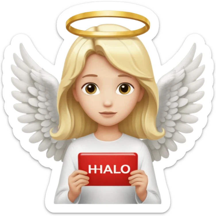 "An angel emoji with blonde hair, a halo, wings, holding a 'COMPARTILHAR' sign in bold letters." sticker