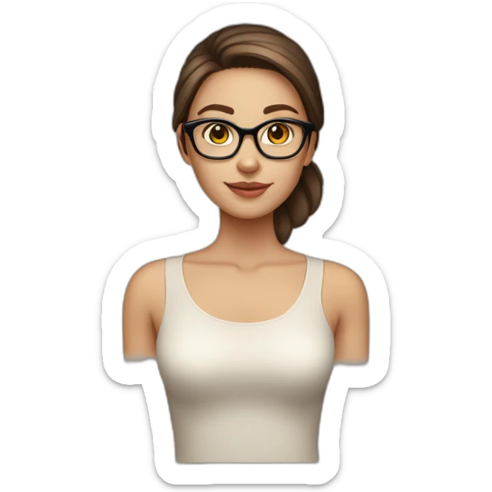 White skin Pretty woman with straigh brown hair, brown big eyes wit glasses sticker