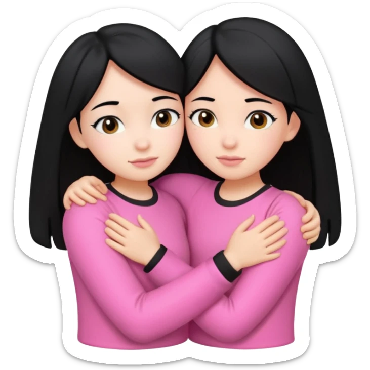 2 girls with black hair hugging each other. One is wearing white clothes and the other is wearing pink clothes sticker