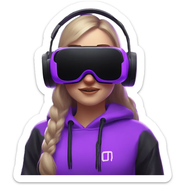 Russian girl wearing black hoody with violet letters "OMG", in vr headset oculus quest2. Dancing. Cyberpunk style. Violet neon. sticker