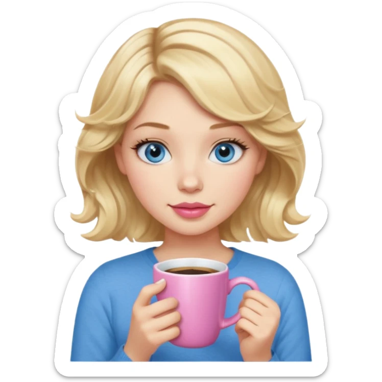 Girl Blonde short wavy hair,  blue eyes, cute blue top, long lashes, pink lips, holding hot coffee mug sticker