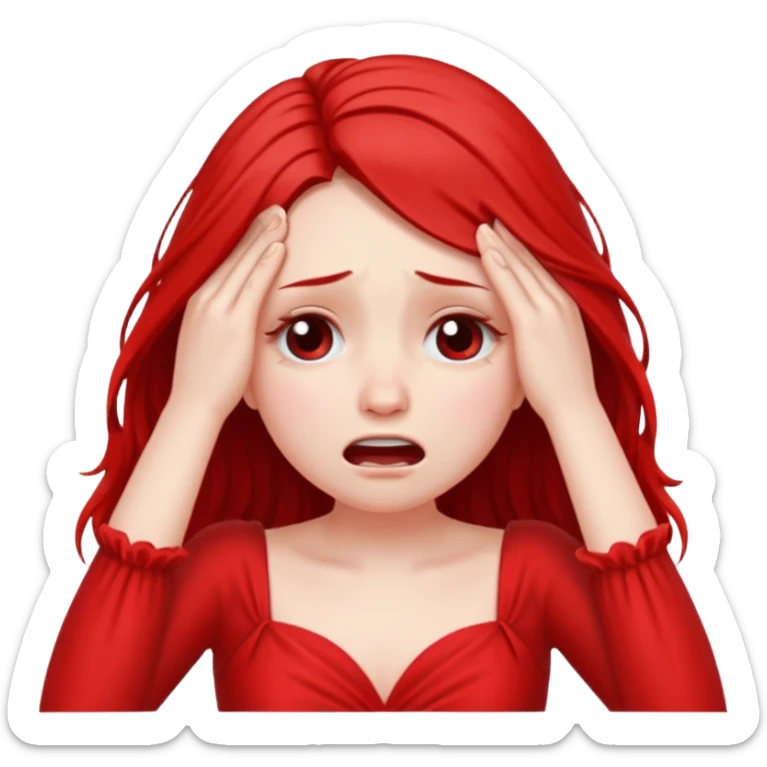 A girl pouring her eyes out crying and pulling off her hair so bad wearing red sticker