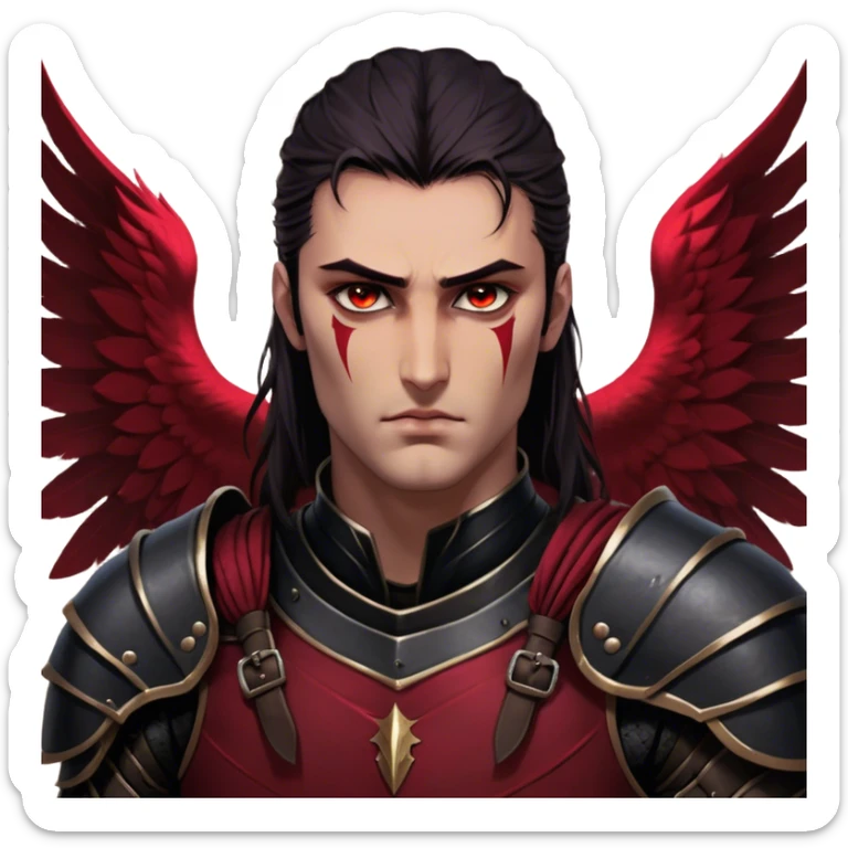 A towering Illyrian warrior with long, dark hair tied loosely at the nape of his neck, his hazel eyes flickering with battle-hardened resolve and mischief. His powerful frame is clad in black leather armor with deep crimson accents, fitted perfectly to his broad shoulders. His massive Illyrian wings stretch behind him, their leathery surface marked by scars of countless battles. A wicked grin plays on his lips, revealing the roguish charm beneath the warrior's exterior. sticker