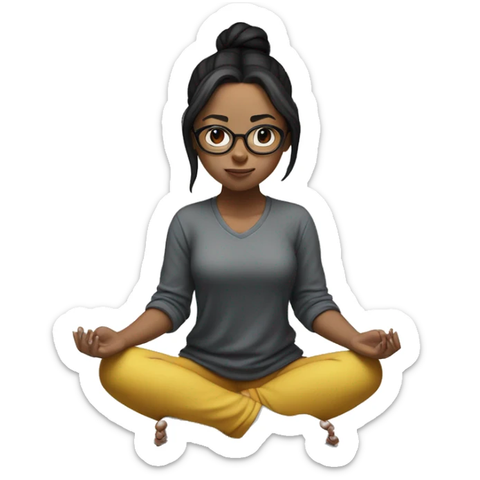 White skinned girl with glasses and a ponytail with black hair, meditating on the floor sticker