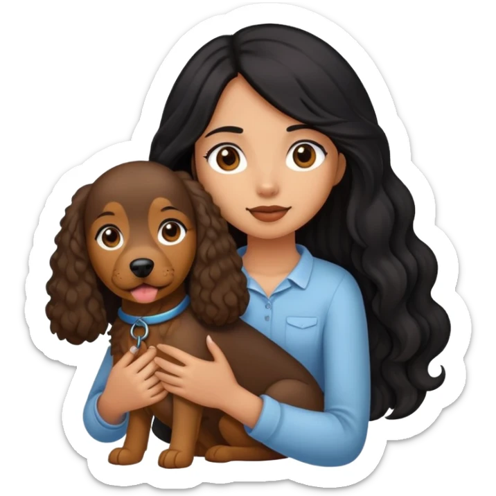A girl with long straight black hair holding a curly brown giant dog sticker
