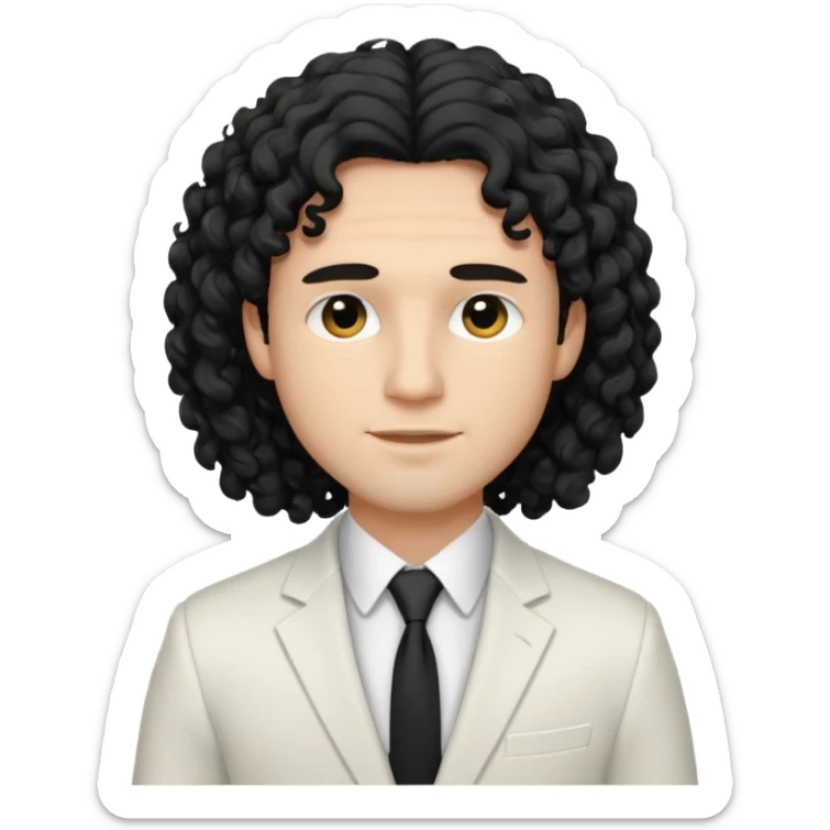 Cockasian guy with black long curly hair thats on his face and black eyes wearing a White simple suit guy  sticker