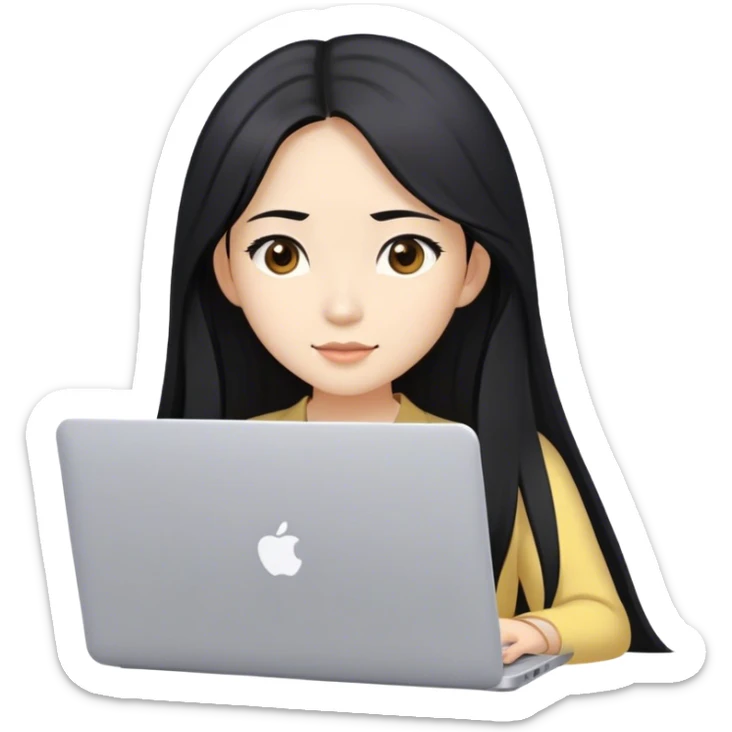 Long hair asian woman working on pale yellow laptop with brown eyes in zoom meeting  sticker