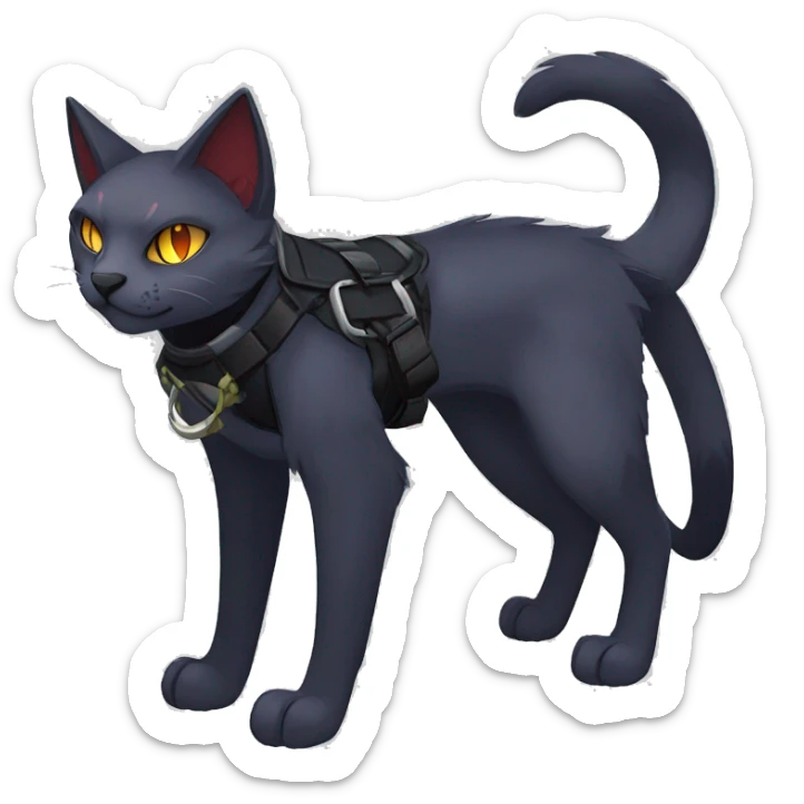 cool edgy fantasy dark-shadow-themed animal vampiric cat hybrid Fakemon  with a harness and collar full body sticker