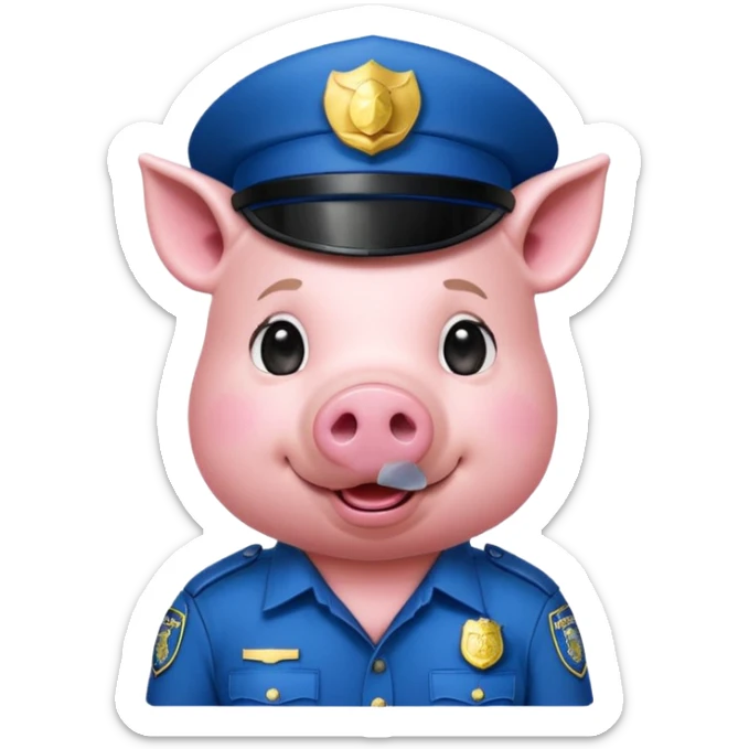 a pig, upright, in a police officer uniform, drooling and looking to the bottom left sticker