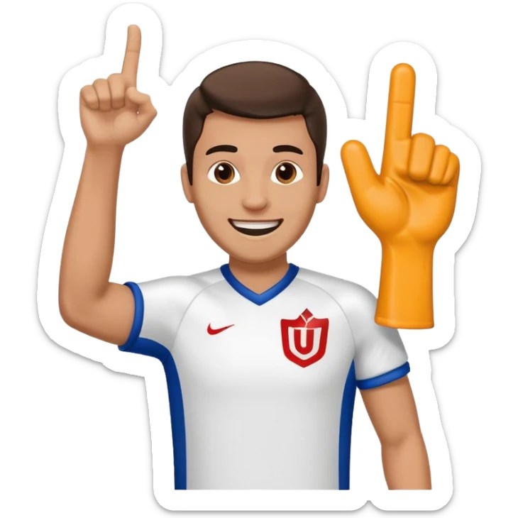 A cheerful man in a team jersey, waving a giant foam finger high with an excited grin. sticker
