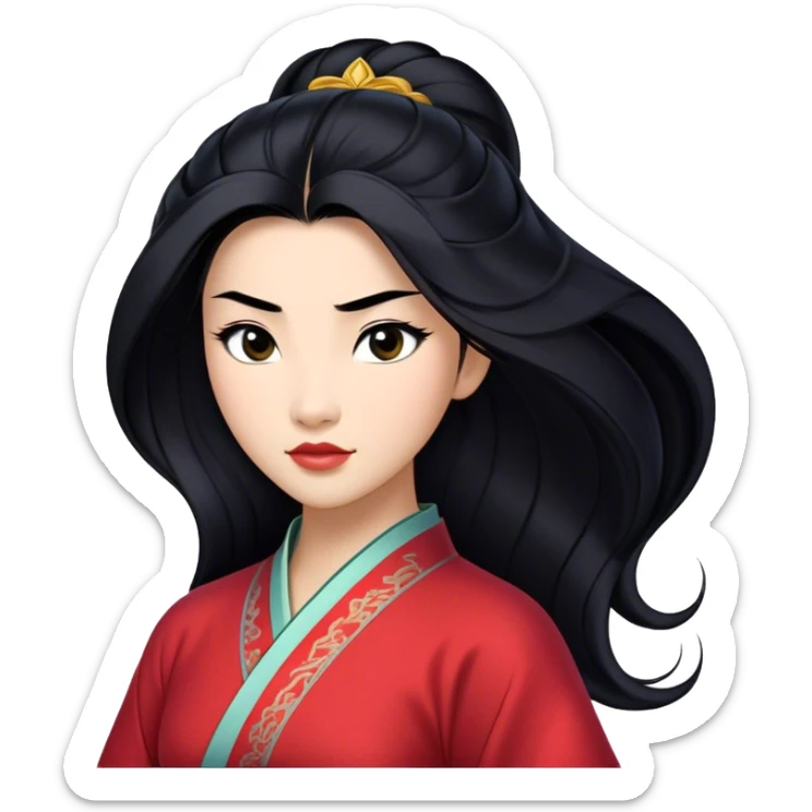 Cinematic Realistic Mulan Portrait, depicted with lifelike skin texture, soft natural lighting, and intricately detailed long black hair styled elegantly. Her deep, expressive eyes exude determination and grace, complemented by a serene yet confident expression. She is dressed in her classic attire, with rich fabric textures and delicate folds that catch the light beautifully. The portrait features a soft, enchanting glow with a natural, radiant finish, capturing the essence of timeless strength and beauty in a realistic and painterly style, evoking a sense of depth and authenticity. sticker